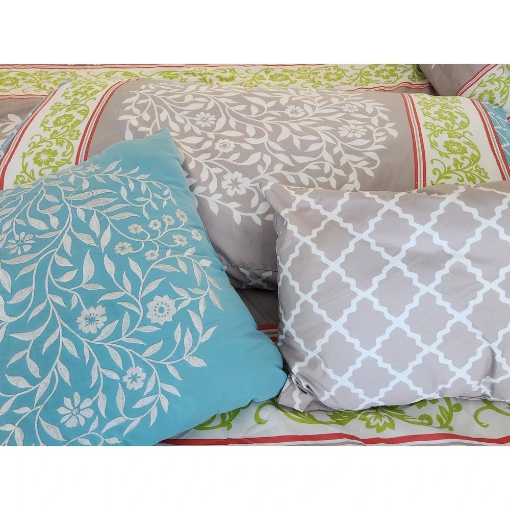 5 Pc Reversible King Comforter Set Floral Vine & Lattice Blue Gray Design